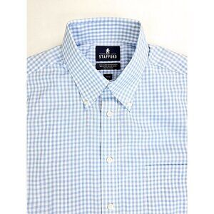 Stafford Fitted 16 34-35 Mens Blue White Check Button Down Long Sleeve Easy Care